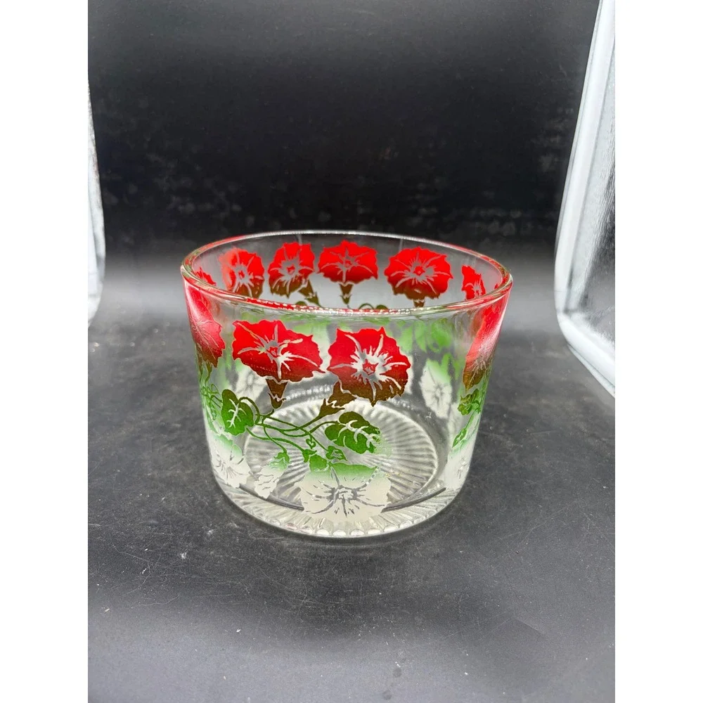 Vintage Red Morning Glory Floral Glass Ice Bucket Sunburst Base Mid Century
